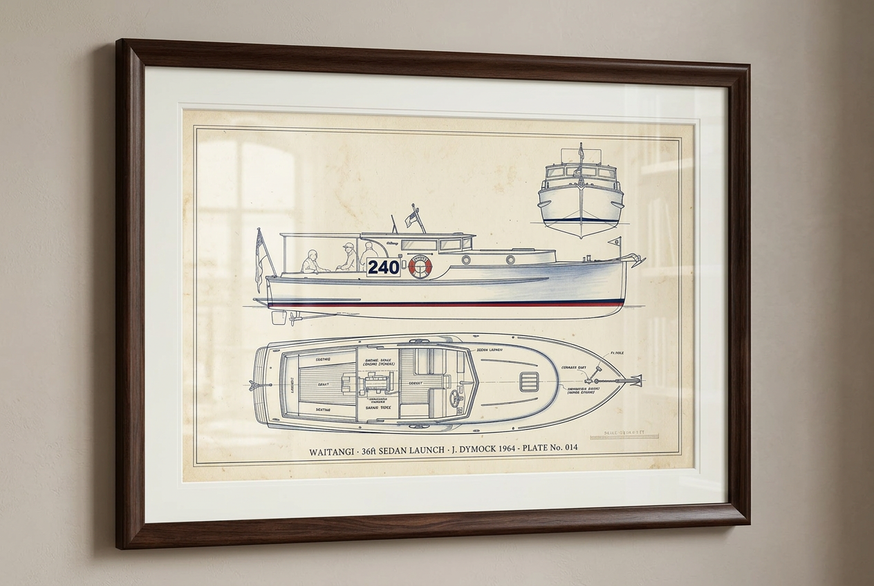 The finished presentation sheet, framed in dark timber and hanging on a wall