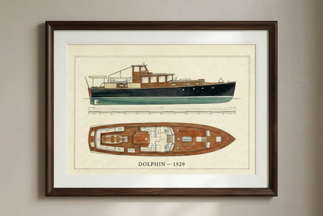 Dolphin presentation sheet, framed in dark timber and hanging on a softly lit wall